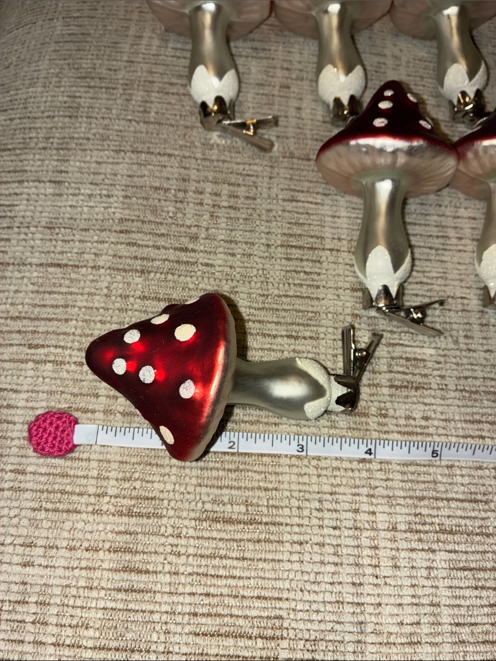 Red and Silver Glass Mushroom Clip Ornaments set of 6 - Picture 2 of 4